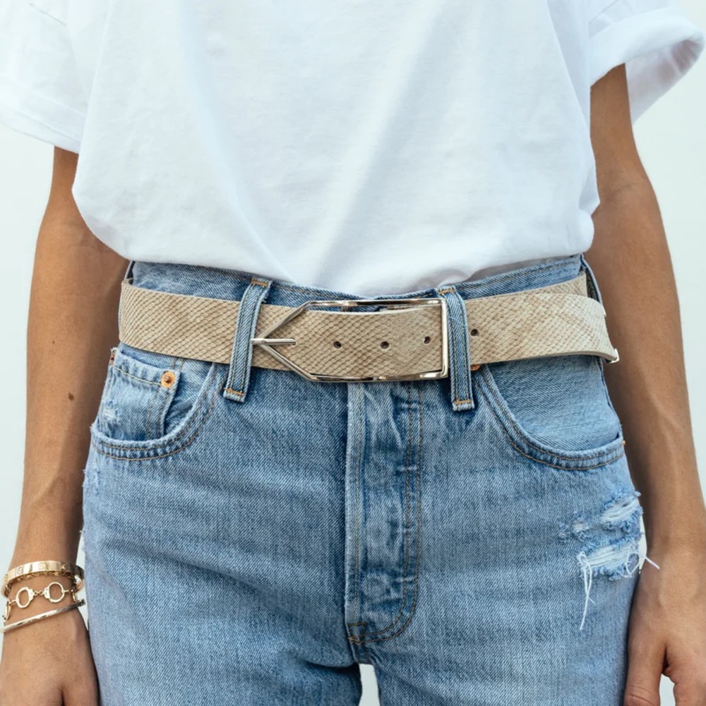 Coco Sands Beige Suede Snakeskin Embossed Leather Waist Belt w/ Silver Hardware